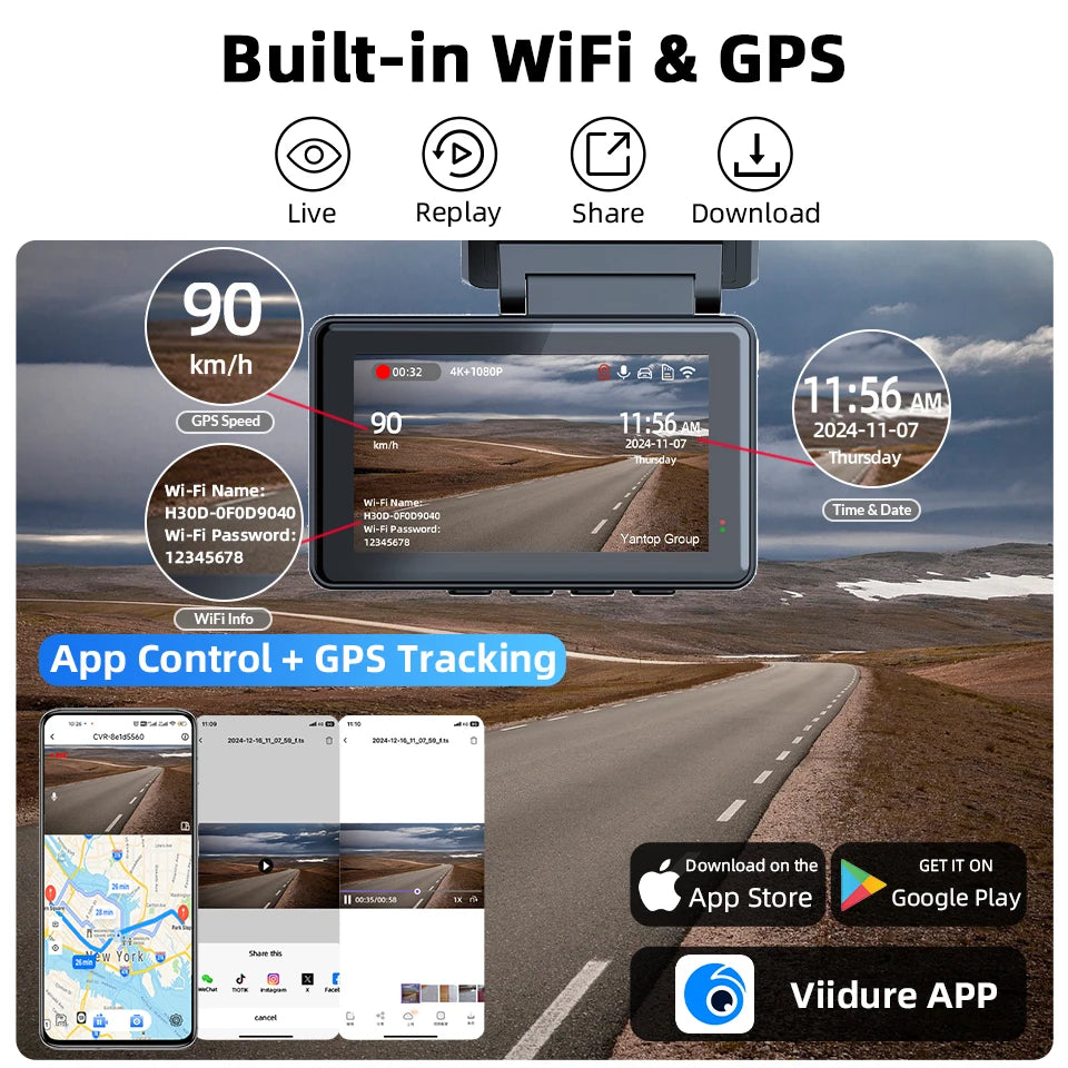 4K Dual Lens Dash Cam with GPS &amp; WiFi