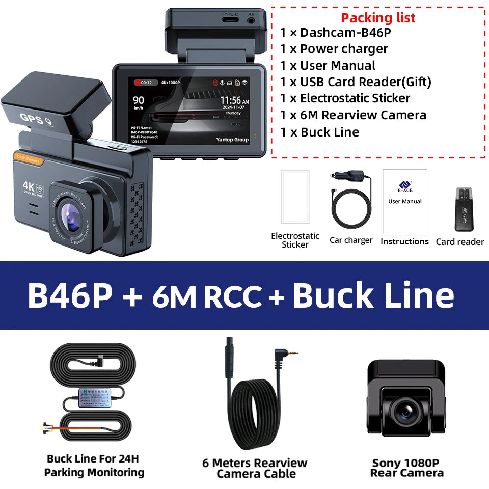 4K Dual Lens Dash Cam with GPS &amp; WiFi