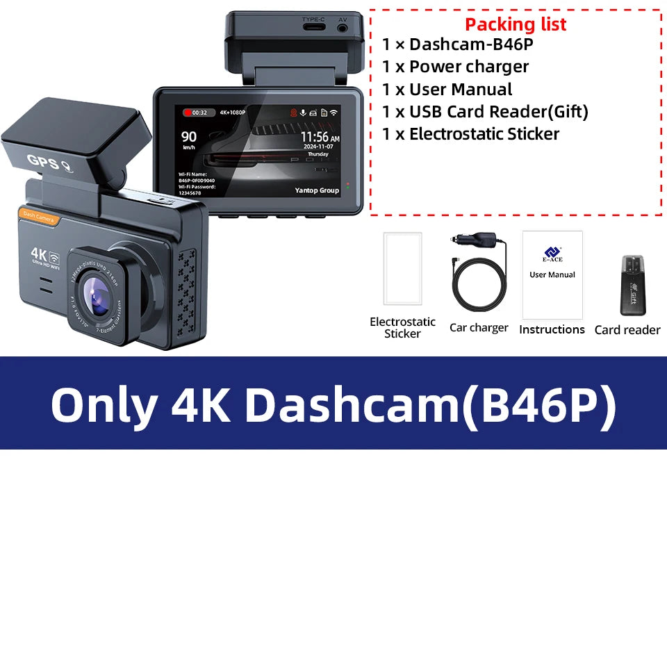 4K Dual Lens Dash Cam with GPS &amp; WiFi