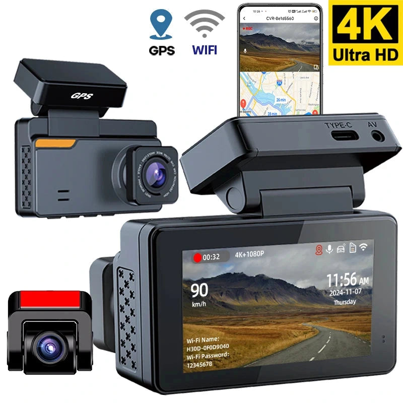 4K Dual Lens Dash Cam with GPS &amp; WiFi